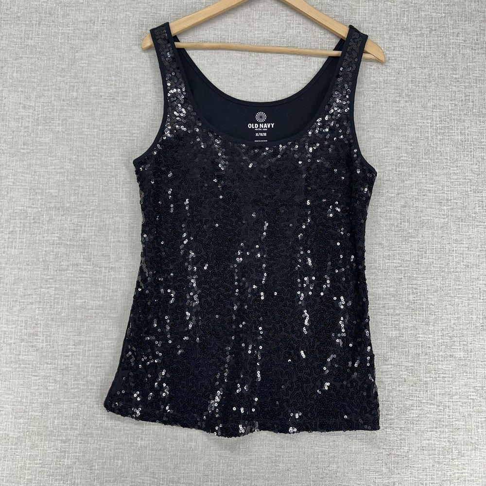 Old Navy Tank Top Womens XL Black Sequin Scoop Neck Sleeveless Jersey Top